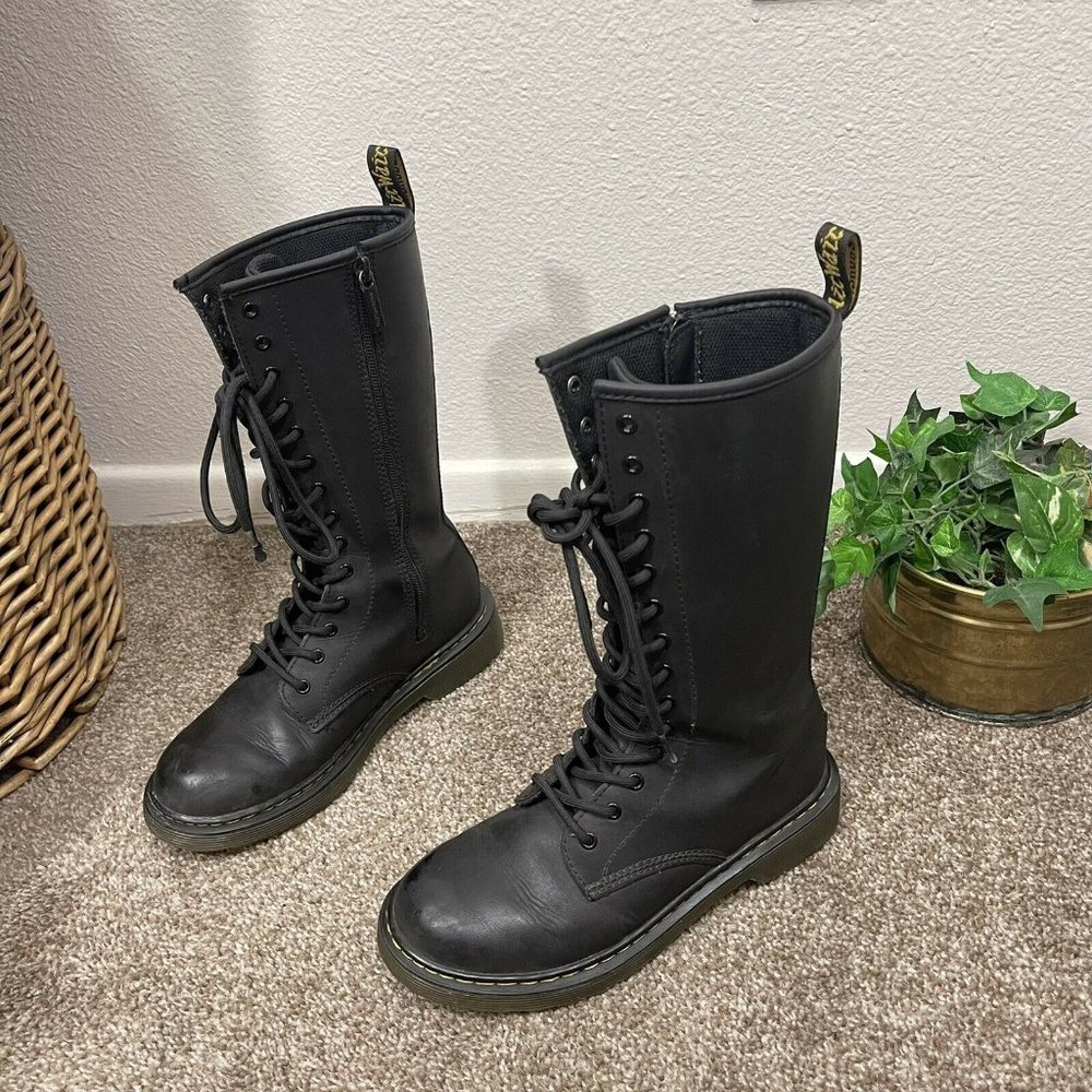 Dr Martens Tall Boots Black Leather Kids Size US 3 (14 Eye Lace Up)
